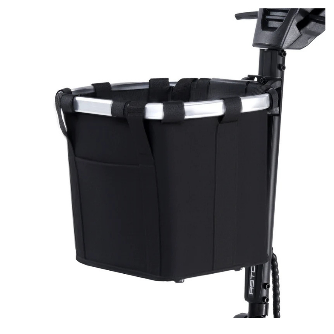 A black fabric basket with side pockets attaches to the handlebars of Paiseec Mobility Scooter Parts, featuring a sturdy frame and secure straps for support.